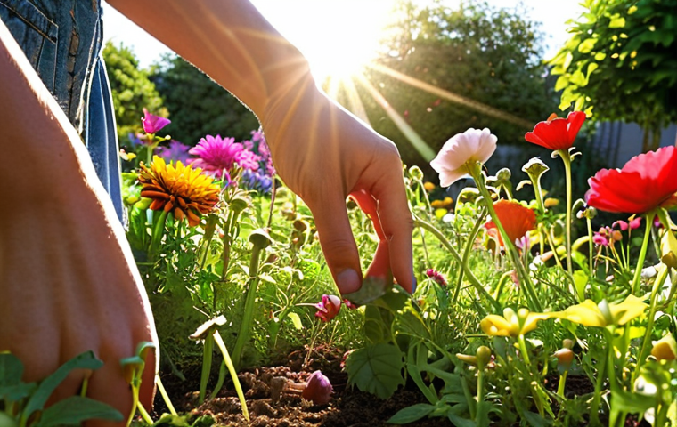 **
A vibrant garden scene. In the foreground, hands are pulling out weeds (representing regrets/resentments). In the background, colorful flowers are blooming (representing healing and growth). Sunlight filters through, creating a hopeful atmosphere.
**