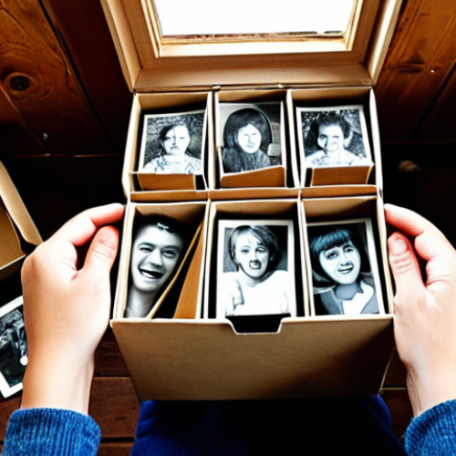 Home 6 **
* A person opening an old box filled with photos, feeling a wave of bittersweet nostalgia. Focus on the emotions conveyed through facial expressions and body language. The setting could be a cozy attic or a familiar living room.
**