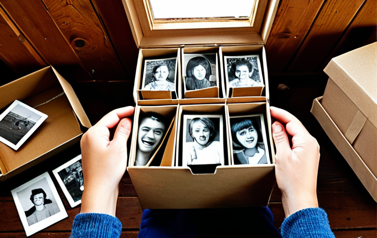 **
* A person opening an old box filled with photos, feeling a wave of bittersweet nostalgia. Focus on the emotions conveyed through facial expressions and body language. The setting could be a cozy attic or a familiar living room.
**