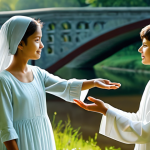 A serene individual, representing their present self, gently reaches out with an open, comforting hand towards a younger, slightly translucent version of themselves, symbolizing their past self. Both figures are fully clothed in modest, comfortable attire. They are situated in a tranquil, ethereal landscape bathed in soft, warm light, with a gentle, flowing bridge of light connecting their two figures, symbolizing integration and empathy. The overall mood is one of profound compassion, understanding, and peaceful reconciliation. Professional photography, high-resolution, sharp focus, harmonious composition, soft natural lighting, emotional depth, perfect anatomy, correct proportions, well-formed hands, proper finger count, natural body proportions, safe for work, appropriate content, fully clothed, family-friendly.