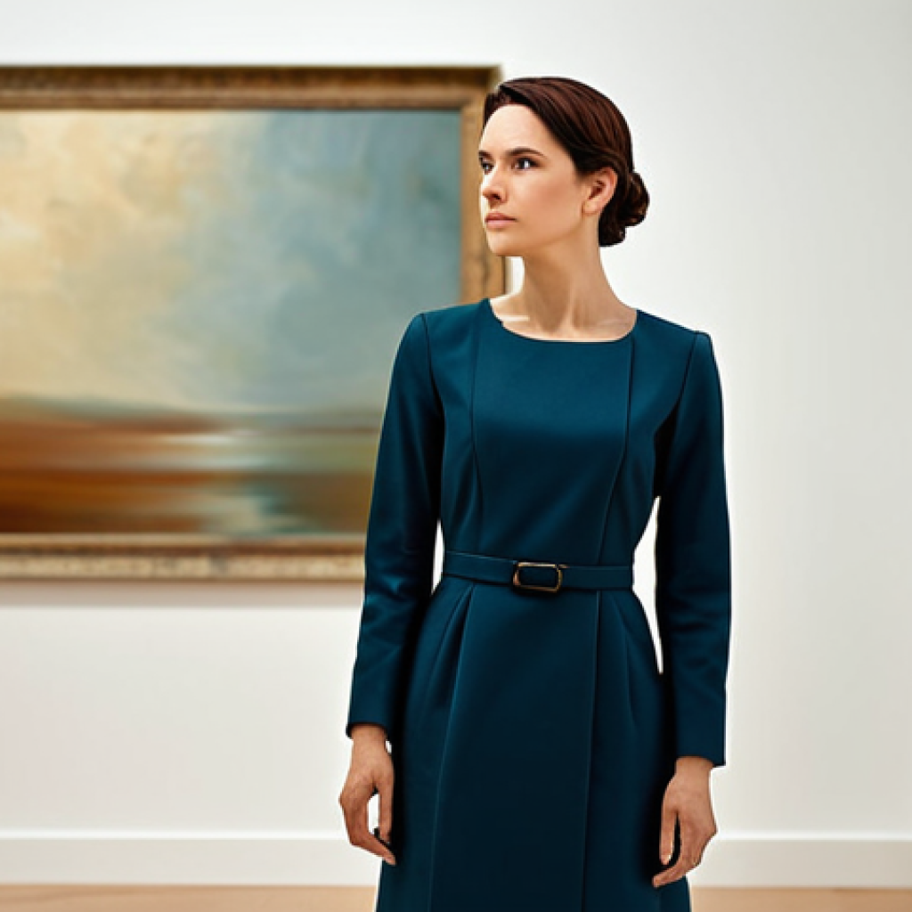 A professional woman, fully clothed in a modest, sophisticated business dress, stands in a serene, softly lit art gallery. Her posture is thoughtful as she gazes intently at a large, abstract painting that symbolizes personal growth and the integration of past experiences. The atmosphere is calm and reflective, with warm, inviting tones. Perfect anatomy, correct proportions, natural pose, well-formed hands, proper finger count, natural body proportions, professional photography, high quality, safe for work, appropriate content, professional dress.