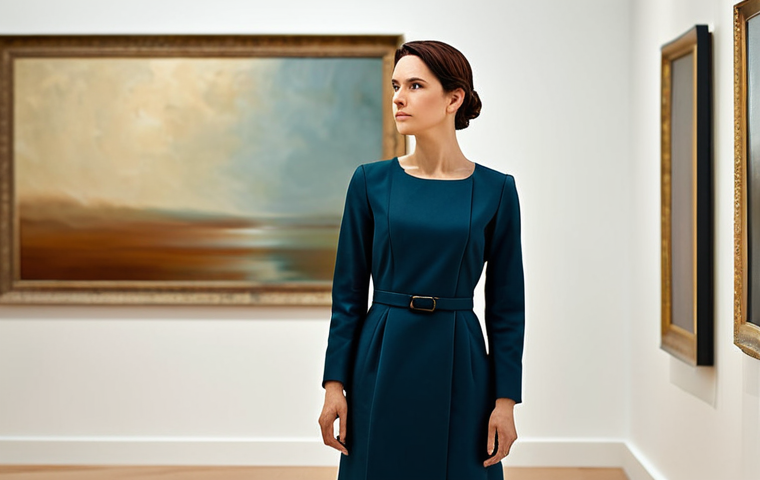 A professional woman, fully clothed in a modest, sophisticated business dress, stands in a serene, softly lit art gallery. Her posture is thoughtful as she gazes intently at a large, abstract painting that symbolizes personal growth and the integration of past experiences. The atmosphere is calm and reflective, with warm, inviting tones. Perfect anatomy, correct proportions, natural pose, well-formed hands, proper finger count, natural body proportions, professional photography, high quality, safe for work, appropriate content, professional dress.