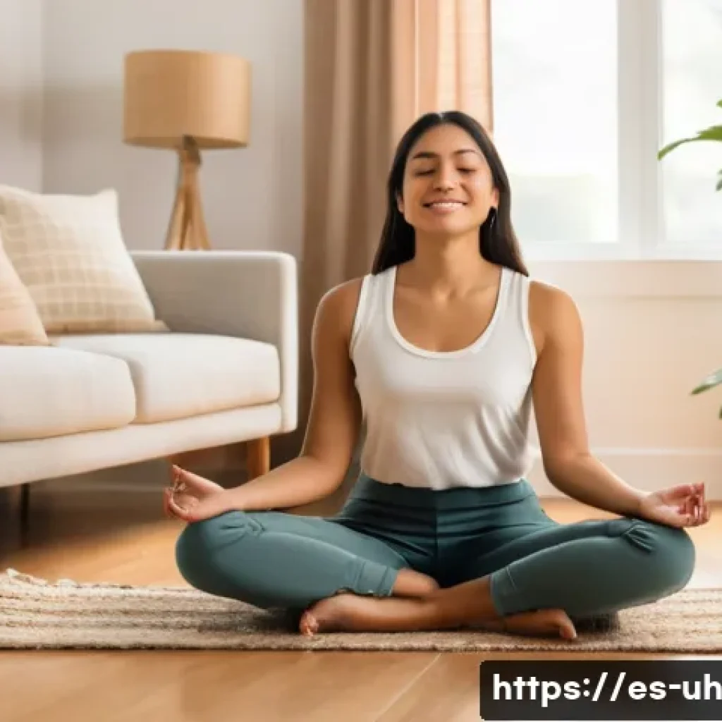 자아 화해 과정의 중요성과 의미 - A serene and warm indoor scene showing a young Hispanic adult woman sitting cross-legged on a cozy r...