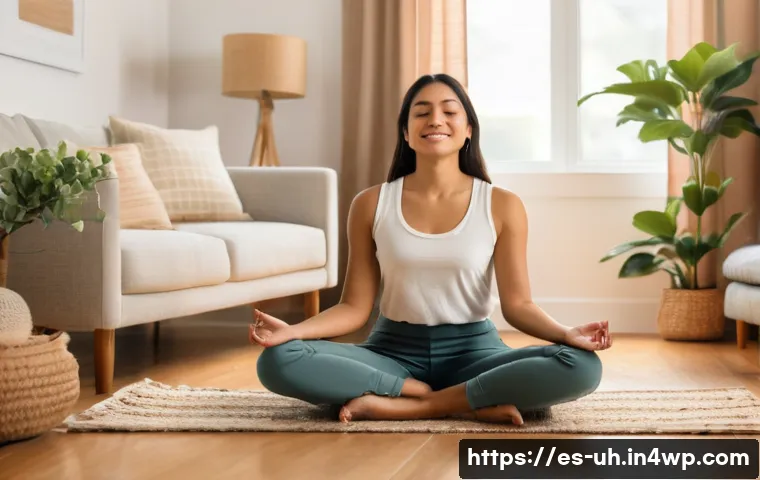 자아 화해 과정의 중요성과 의미 - A serene and warm indoor scene showing a young Hispanic adult woman sitting cross-legged on a cozy r...