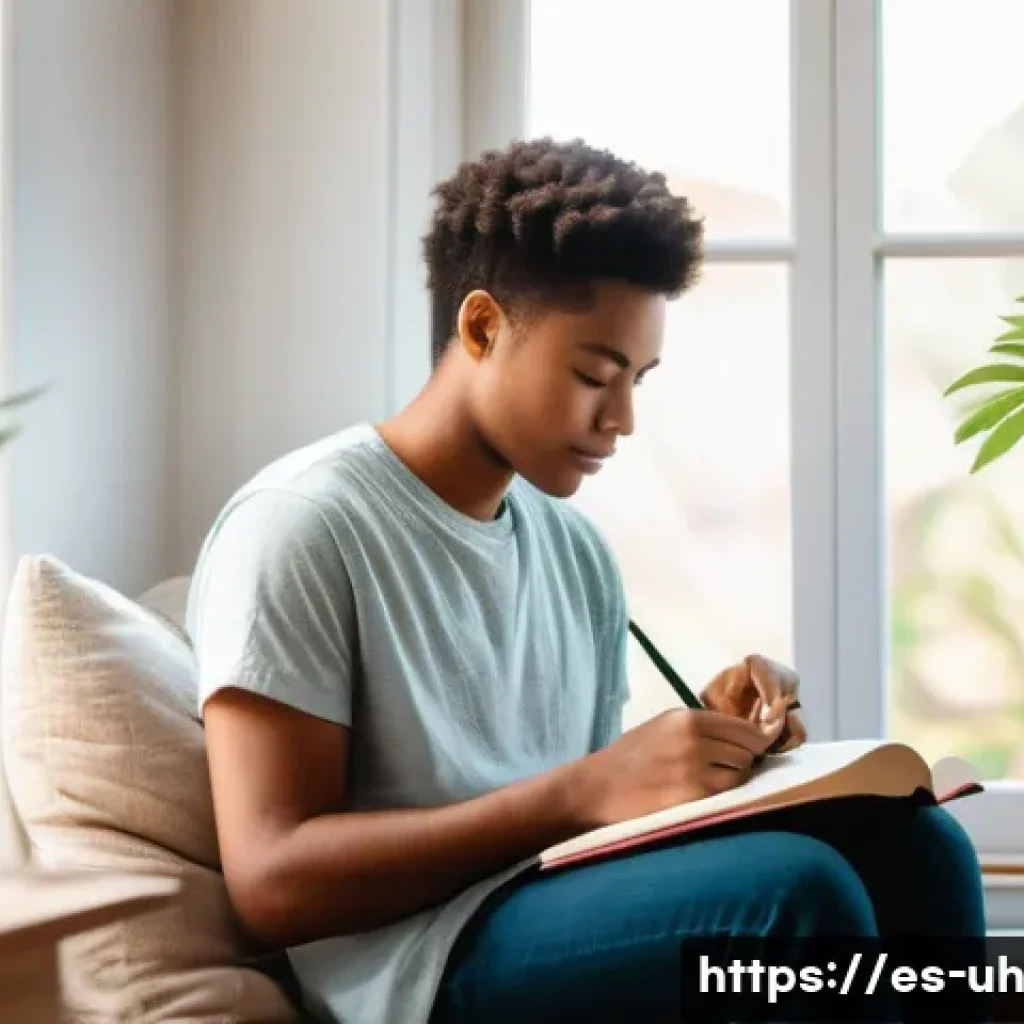과거 자아 화해의 심리적 이점 - A serene and contemplative scene of a young adult sitting peacefully in a sunlit room filled with wa...