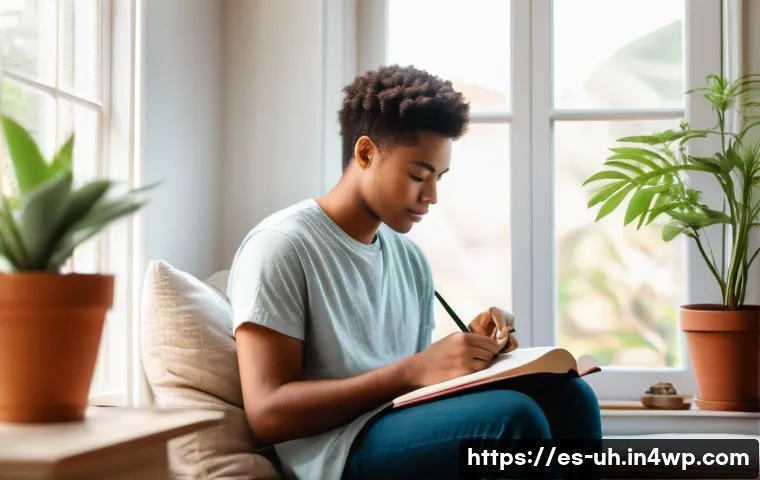과거 자아 화해의 심리적 이점 - A serene and contemplative scene of a young adult sitting peacefully in a sunlit room filled with wa...