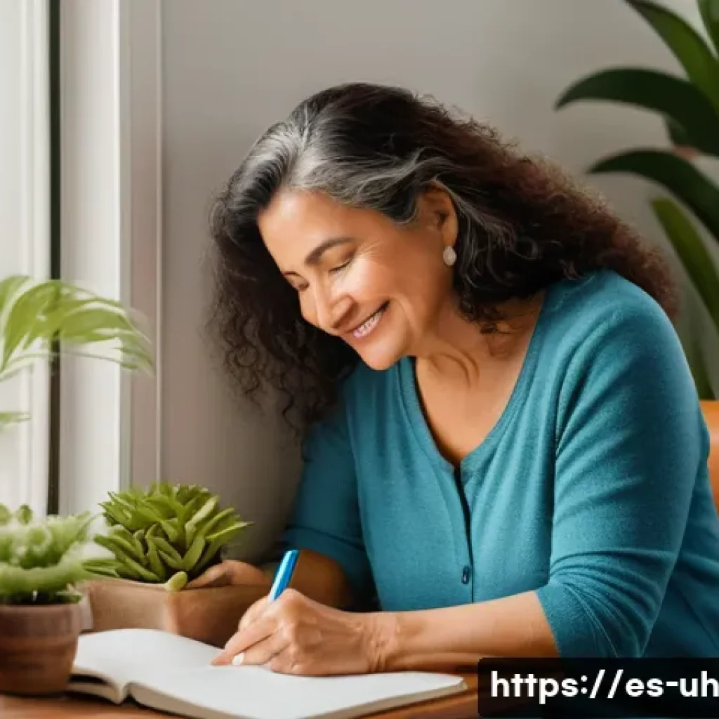 과거 자아 화해의 심리적 유익 - A serene and warm scene of a middle-aged Hispanic woman sitting peacefully by a window in a cozy liv...