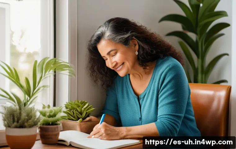 과거 자아 화해의 심리적 유익 - A serene and warm scene of a middle-aged Hispanic woman sitting peacefully by a window in a cozy liv...