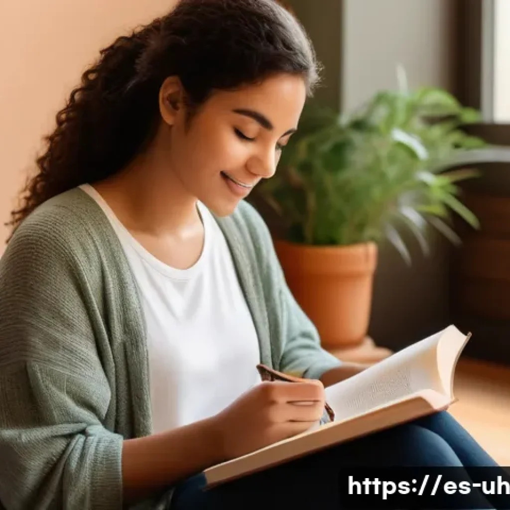 과거 자아 화해의 실용적 이점 - A serene, warm-toned scene of a young Hispanic woman sitting peacefully in a cozy, sunlit room fille...