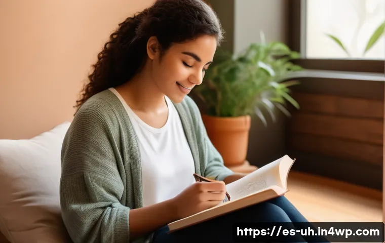 과거 자아 화해의 실용적 이점 - A serene, warm-toned scene of a young Hispanic woman sitting peacefully in a cozy, sunlit room fille...