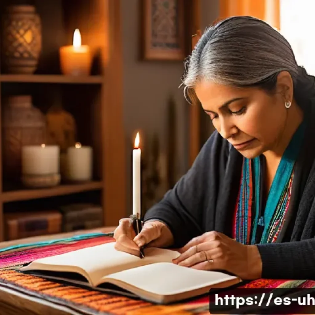 과거 자아 화해의 트렌드 분석 - A serene middle-aged Hispanic woman sitting peacefully in a cozy, warmly lit living room, journaling...