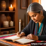 과거 자아 화해의 트렌드 분석 - A serene middle-aged Hispanic woman sitting peacefully in a cozy, warmly lit living room, journaling...