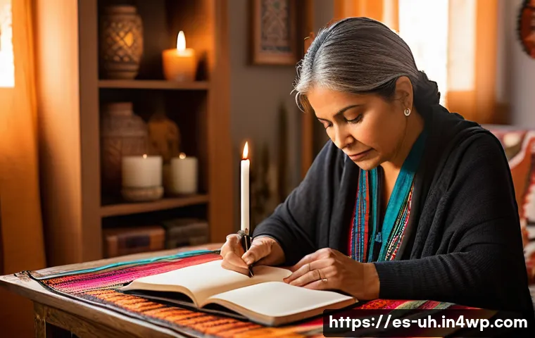 과거 자아 화해의 트렌드 분석 - A serene middle-aged Hispanic woman sitting peacefully in a cozy, warmly lit living room, journaling...