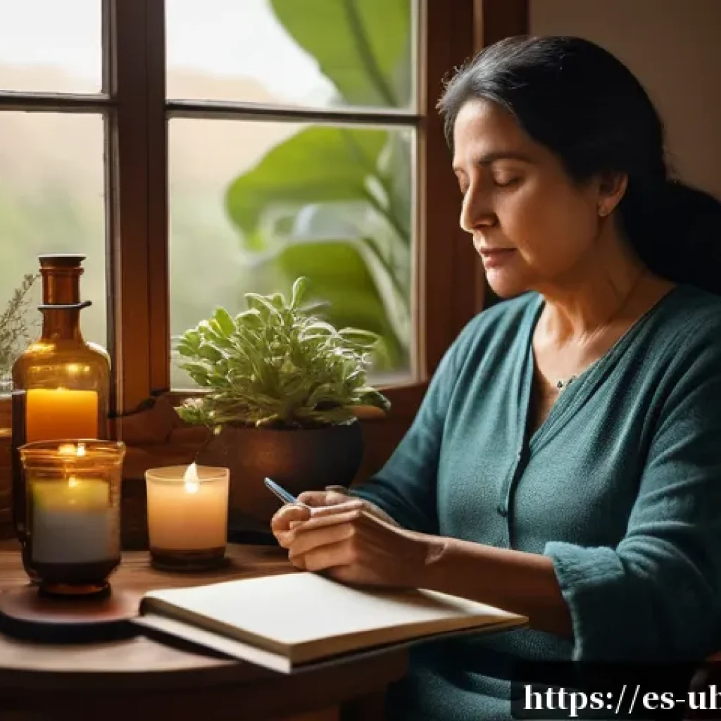 과거 자아 화해에서의 자아 인식의 중요성 - A serene and warm indoor scene featuring a middle-aged Hispanic woman sitting comfortably in a cozy ...