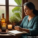 과거 자아 화해에서의 자아 인식의 중요성 - A serene and warm indoor scene featuring a middle-aged Hispanic woman sitting comfortably in a cozy ...