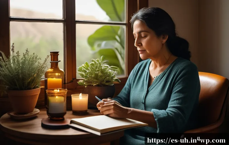 과거 자아 화해에서의 자아 인식의 중요성 - A serene and warm indoor scene featuring a middle-aged Hispanic woman sitting comfortably in a cozy ...