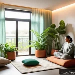 과거 자아 화해를 위한 공간 만들기 - A serene, cozy indoor corner designed as a personal sanctuary for emotional healing: soft warm light...