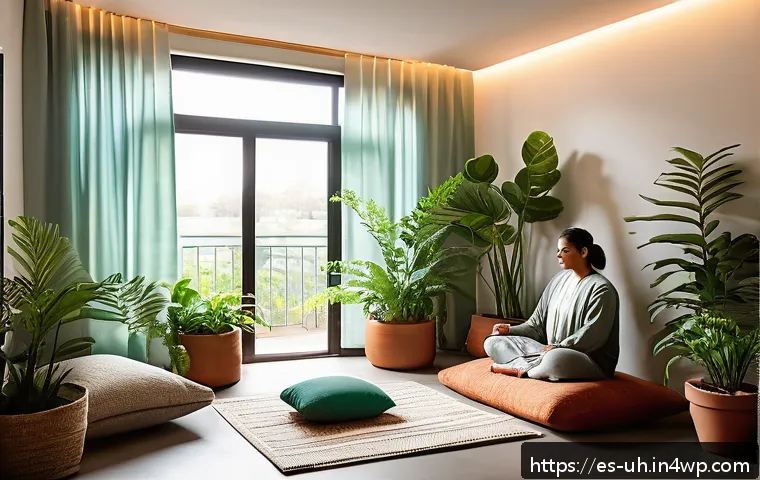 과거 자아 화해를 위한 공간 만들기 - A serene, cozy indoor corner designed as a personal sanctuary for emotional healing: soft warm light...