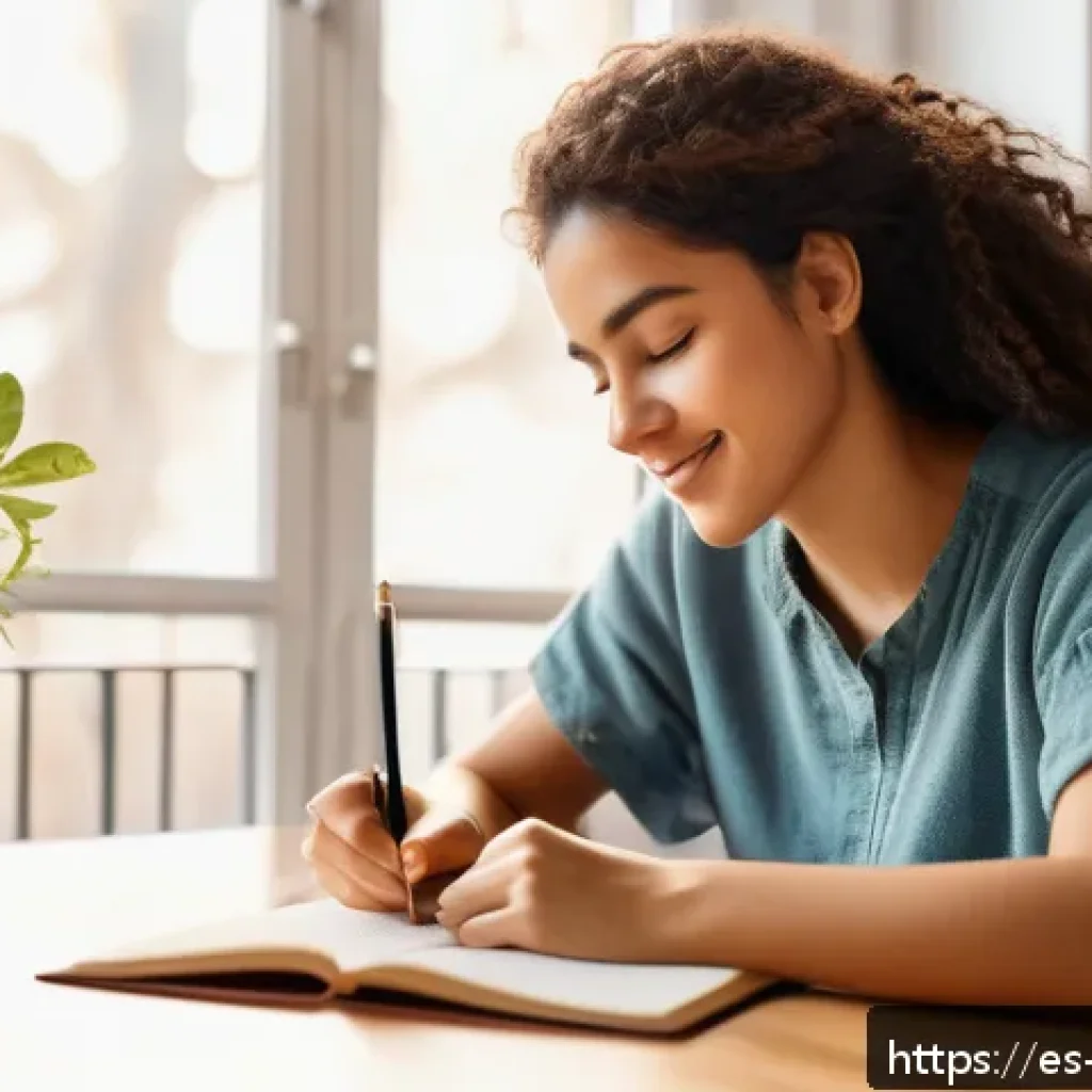 자아 화해 과정의 실천을 위한 체크리스트 - A serene scene of a young Hispanic woman sitting comfortably in a cozy, sunlit room, writing in her ...