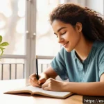 자아 화해 과정의 실천을 위한 체크리스트 - A serene scene of a young Hispanic woman sitting comfortably in a cozy, sunlit room, writing in her ...