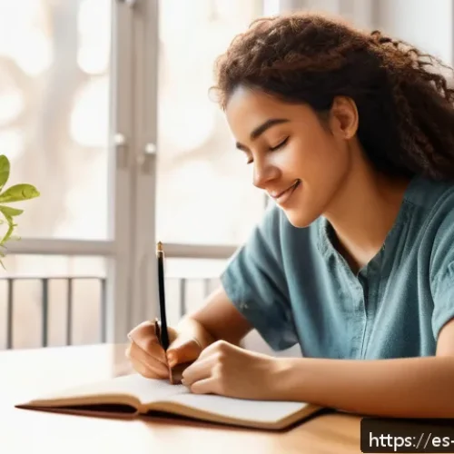 자아 화해 과정의 실천을 위한 체크리스트 - A serene scene of a young Hispanic woman sitting comfortably in a cozy, sunlit room, writing in her ...
