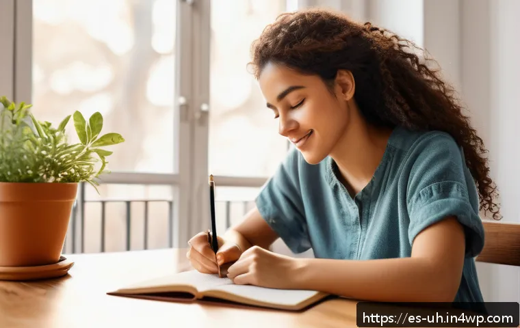 자아 화해 과정의 실천을 위한 체크리스트 - A serene scene of a young Hispanic woman sitting comfortably in a cozy, sunlit room, writing in her ...