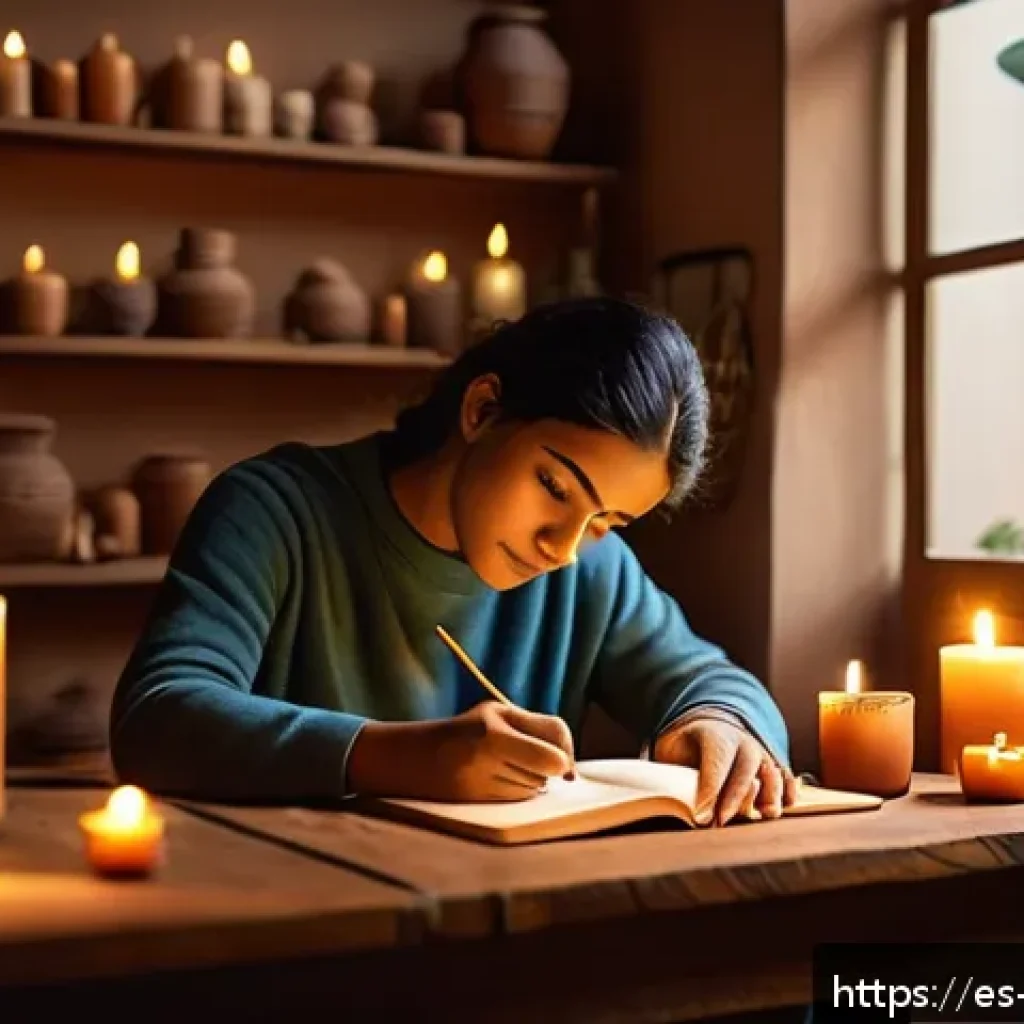 과거 자아와의 감정적 관계 정립하기 - A serene and introspective scene of a young Hispanic adult sitting peacefully in a cozy, softly lit ...