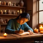 과거 자아와의 감정적 관계 정립하기 - A serene and introspective scene of a young Hispanic adult sitting peacefully in a cozy, softly lit ...