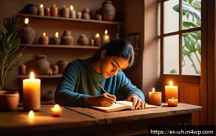 과거 자아와의 감정적 관계 정립하기 - A serene and introspective scene of a young Hispanic adult sitting peacefully in a cozy, softly lit ...