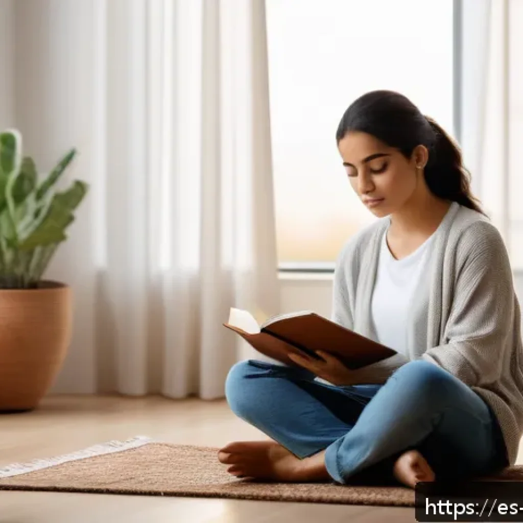 자아 화해를 위한 자기 반성의 중요성 - A serene indoor scene of a young Hispanic woman practicing daily introspection in a cozy, softly lit...