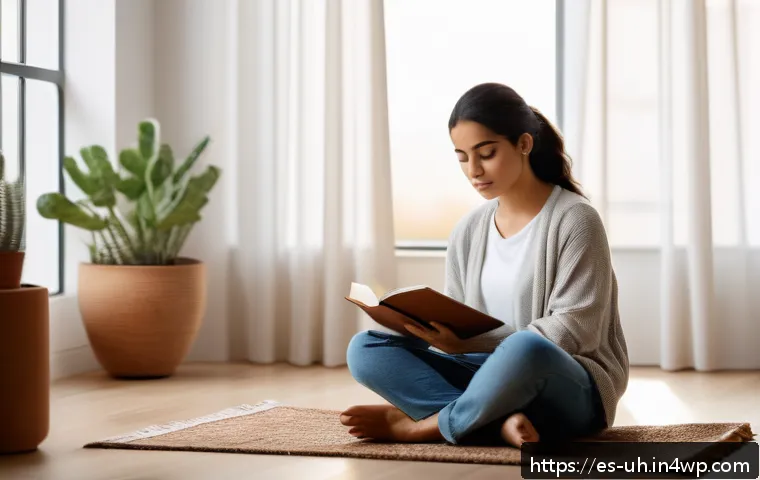 자아 화해를 위한 자기 반성의 중요성 - A serene indoor scene of a young Hispanic woman practicing daily introspection in a cozy, softly lit...