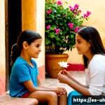 Home 23 과거 자아 화해의 성장과 변화 - Photorealistic cinematic scene in a sunlit Spanish colonial courtyard in Mexico, an adult Latina wom...