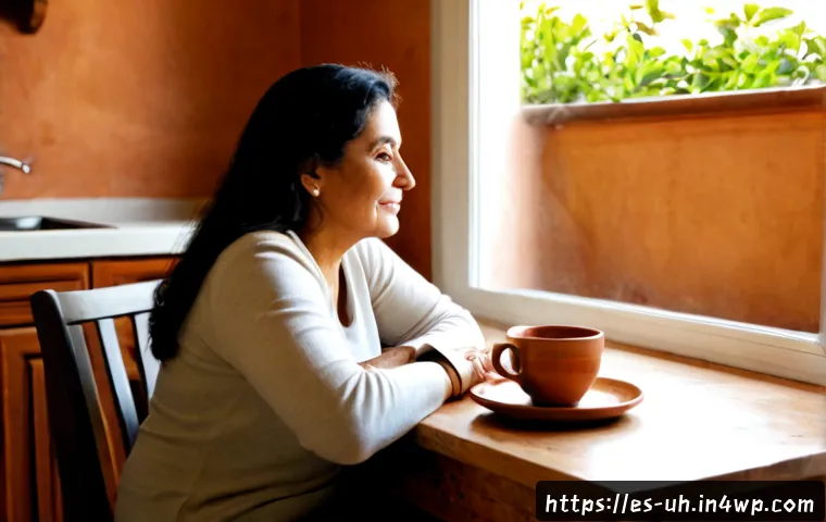 Home 17 자아 화해의 필요성과 그 이유 - Photorealistic scene of a middle-aged Latina woman sitting peacefully at a sunlit kitchen table in a...