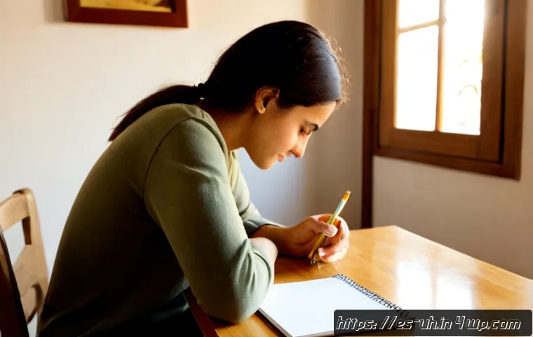 과거 자아와의 화해를 위한 인지적 접근 - Photorealistic Spanish-speaking adult woman in a calm sunlit apartment, seated at a wooden table wit...