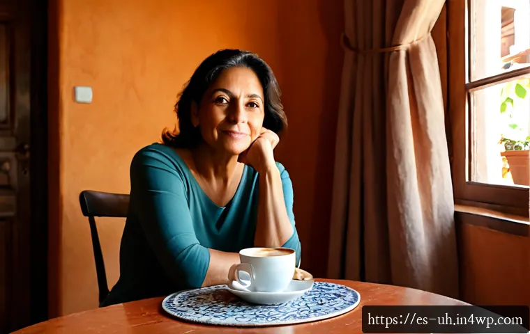 Home 17 자아 화해의 필요성에 대한 개인적 성찰 - Photorealistic middle-aged Latina woman sitting peacefully at a sunlit kitchen table in a Spanish-st...